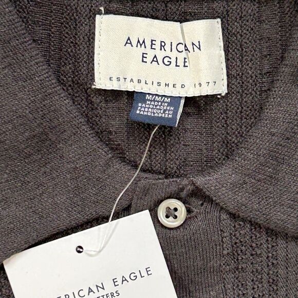 American Eagle Weekend Sweater Polo Men M Grey Textured Short Sleeve - Picture 7 of 8